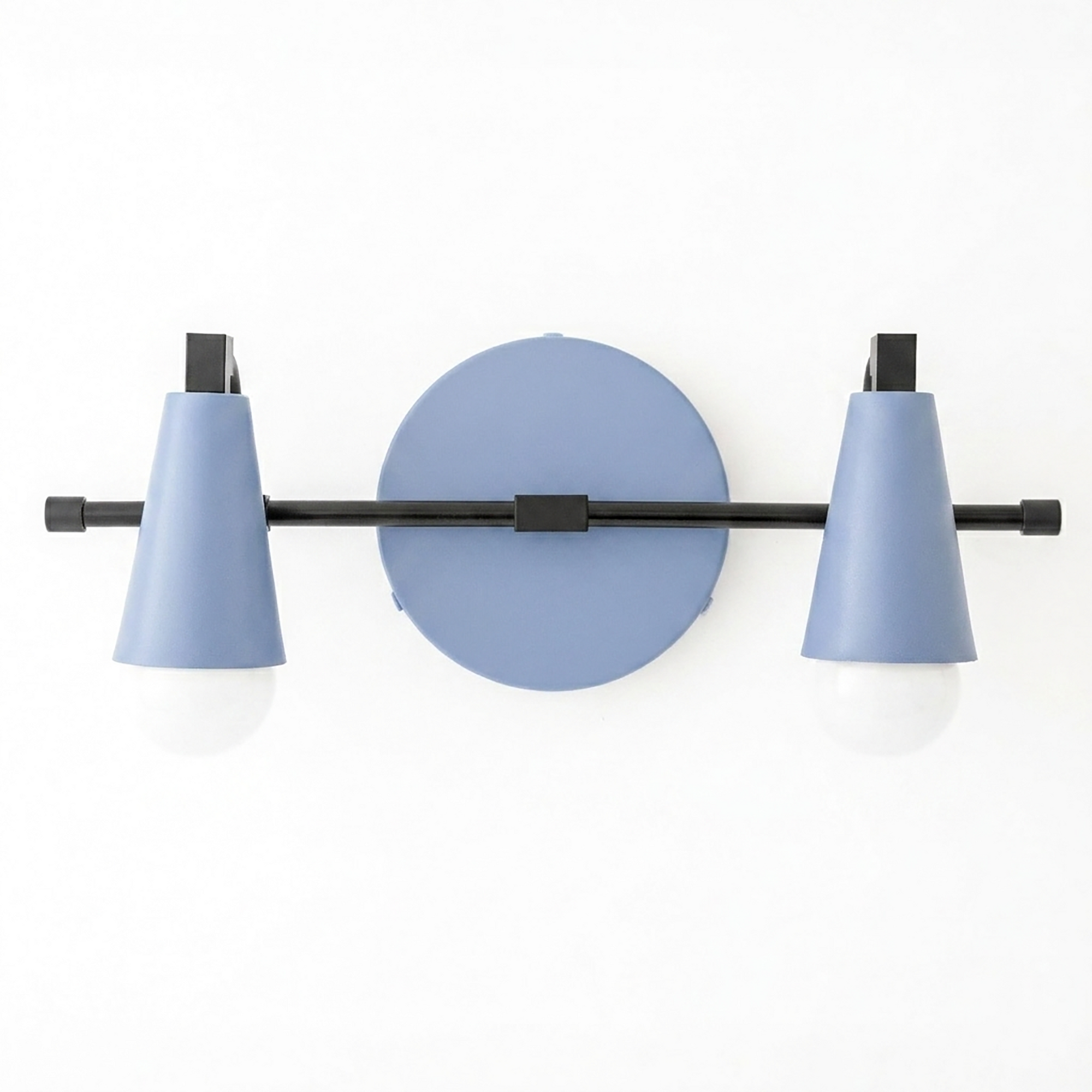 Matte blue cone-shaped vanity light with two white exposed bulbs and black metal fixture. - VANITY LIGHT MODEL NO. 1229