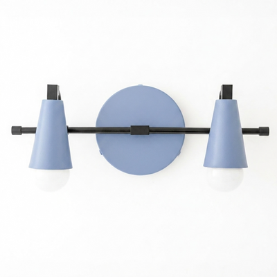 Matte blue cone-shaped vanity light with two white exposed bulbs and black metal fixture. - VANITY LIGHT MODEL NO. 1229