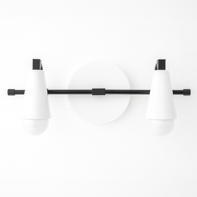 Industrial style vanity light with two white conical shades and black metal bar mount. - VANITY LIGHT MODEL NO. 1229