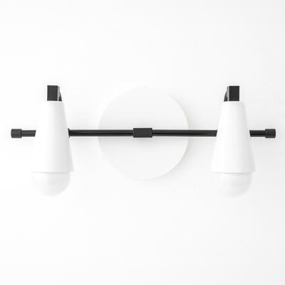 Scandinavian-style white conical shades with exposed bulbs on black horizontal rod vanity light. - VANITY LIGHT MODEL NO. 1229