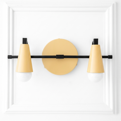 Scandinavian-style vanity light with two beige conical shades and black rod on round beige base. - VANITY LIGHT MODEL NO. 1229