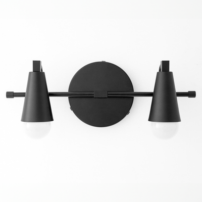 Black metal industrial vanity light with two exposed bulbs and conical shades. - VANITY LIGHT MODEL NO. 1229