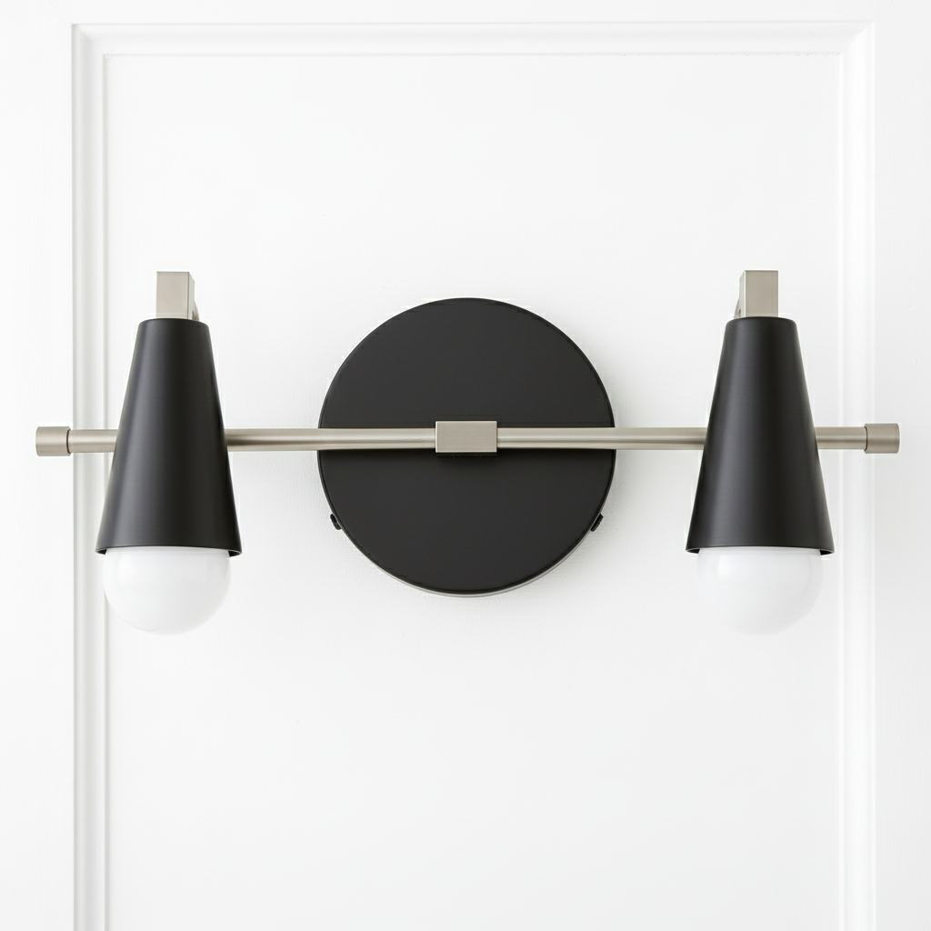 Industrial-style black and brushed nickel vanity light with two bare bulbs and conical shades. - VANITY LIGHT MODEL NO. 1229