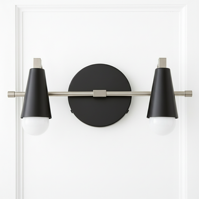 Industrial-style black and brushed nickel vanity light with two bare bulbs and conical shades. - VANITY LIGHT MODEL NO. 1229