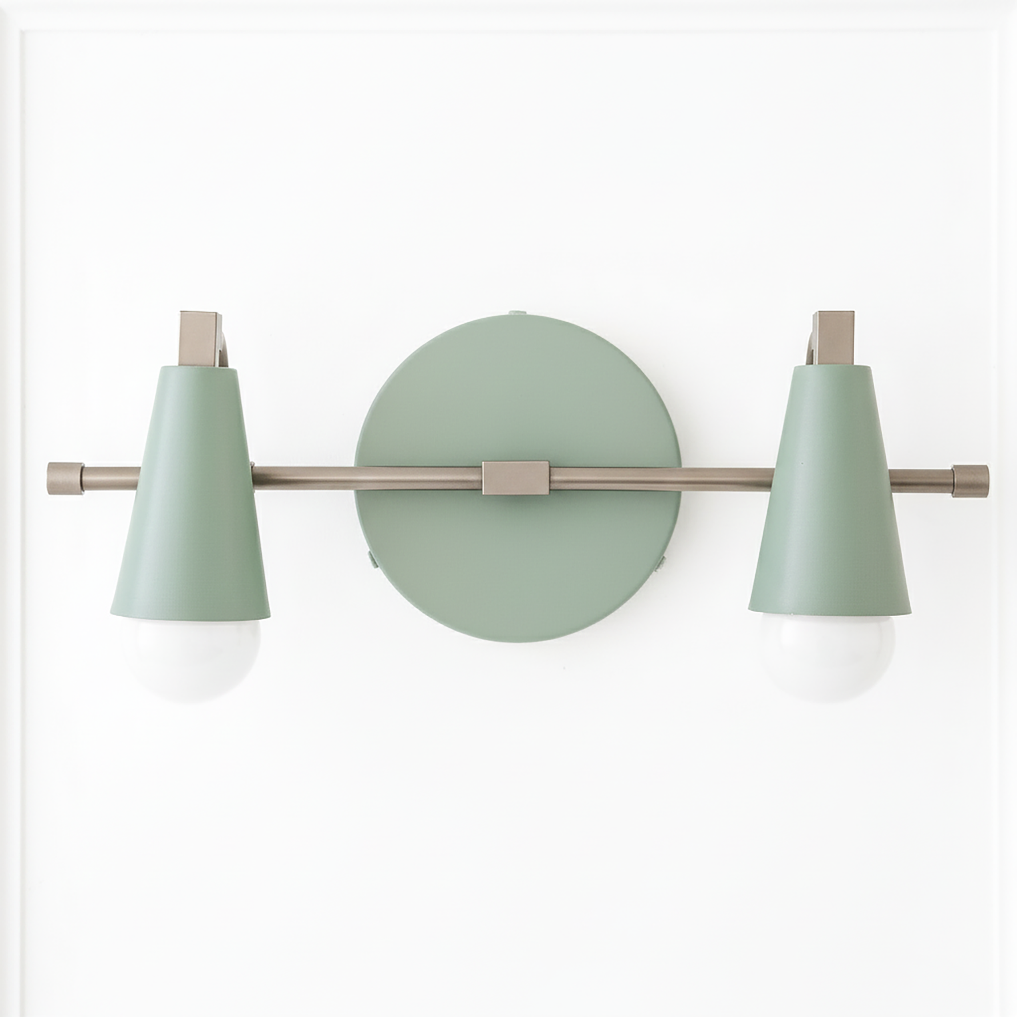 Two-bulb vanity light with matte green cone shades and brushed nickel metal base. - VANITY LIGHT MODEL NO. 1229