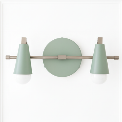 Two-bulb vanity light with matte green cone shades and brushed nickel metal base. - VANITY LIGHT MODEL NO. 1229