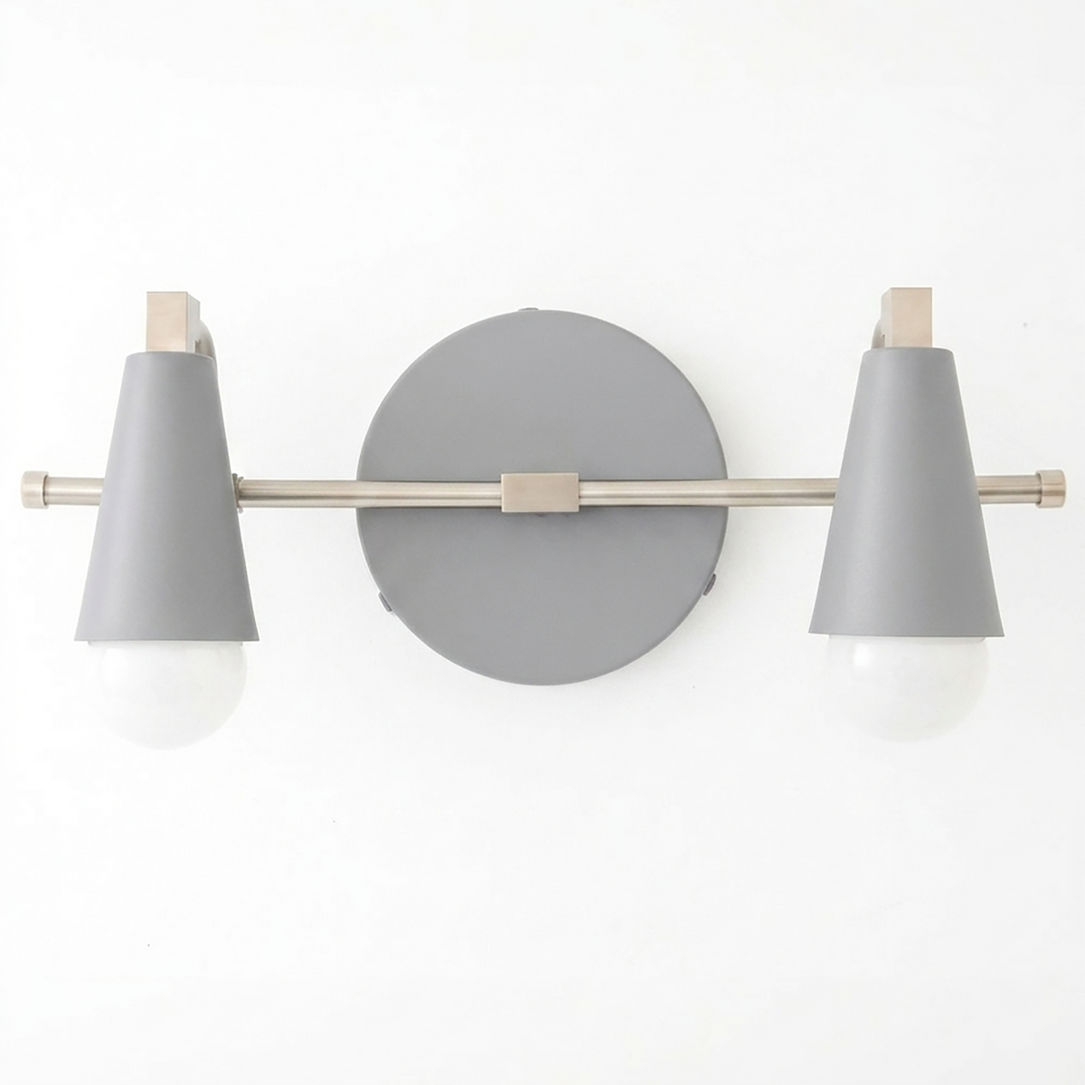Scandinavian-style 2-bulb vanity light with matte gray conical shades and brushed metal fixtures. - VANITY LIGHT MODEL NO. 1229