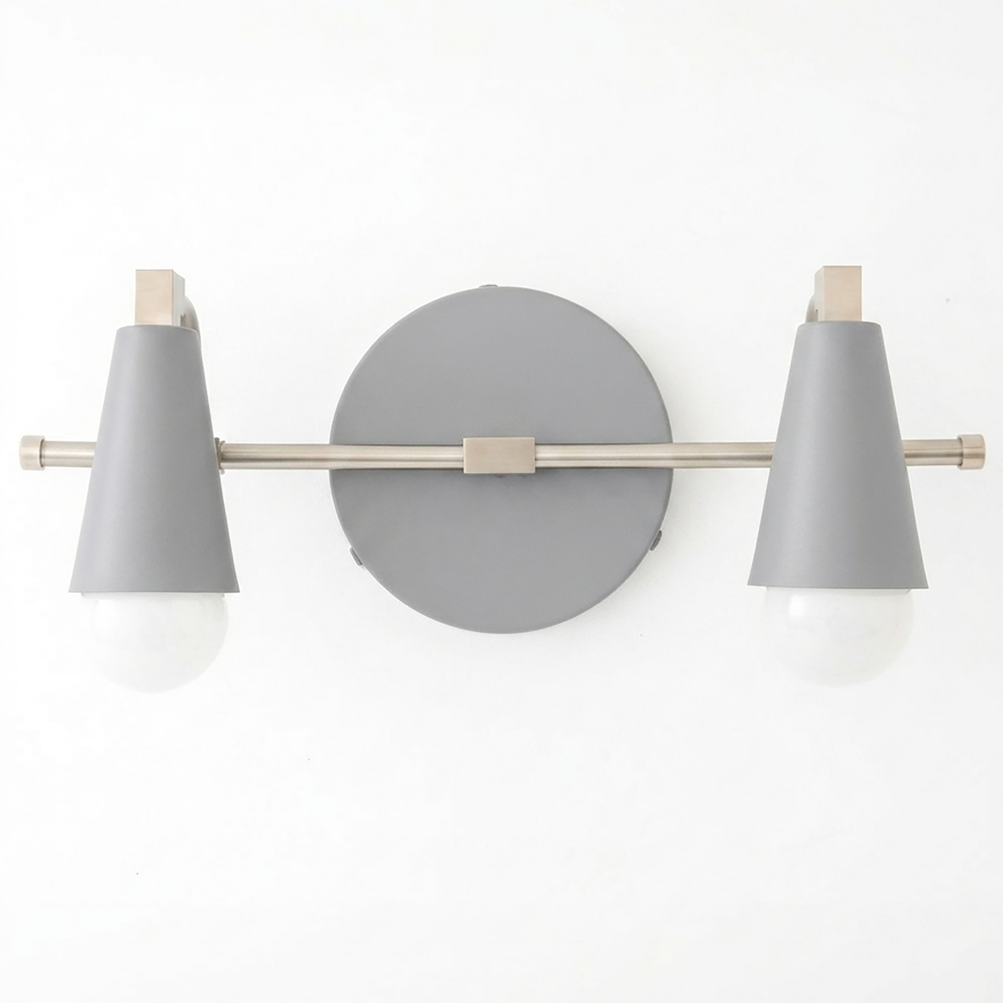 Scandinavian-style 2-bulb vanity light with matte gray conical shades and brushed metal fixtures. - VANITY LIGHT MODEL NO. 1229