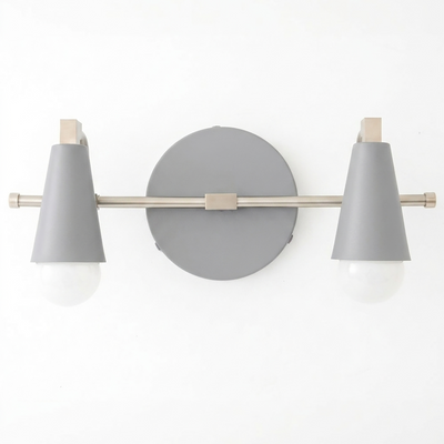 Scandinavian-style 2-bulb vanity light with matte gray conical shades and brushed metal fixtures. - VANITY LIGHT MODEL NO. 1229