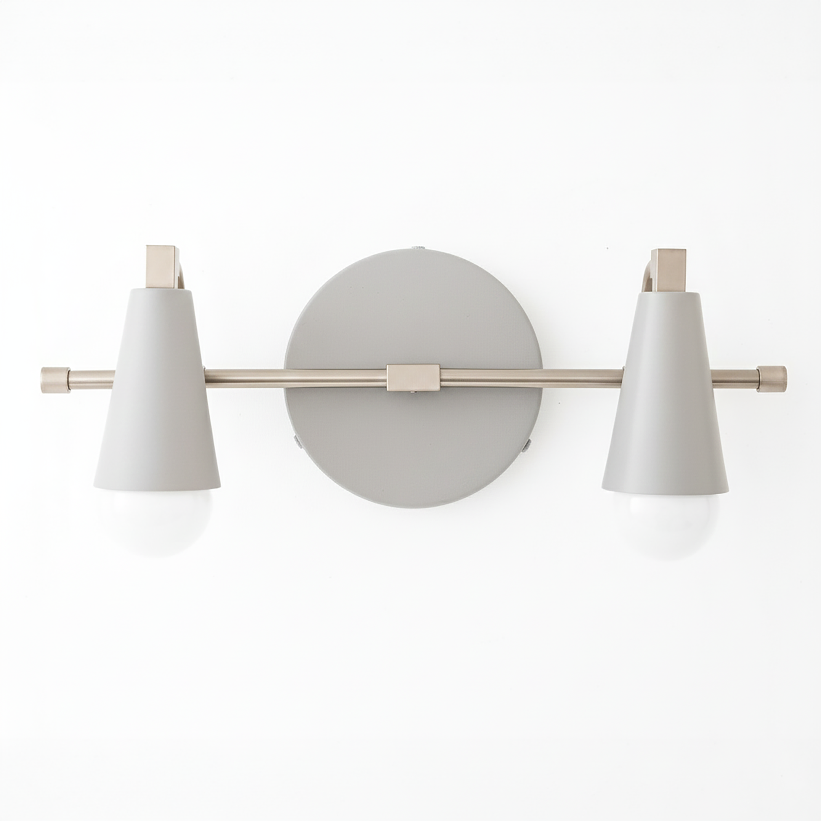 Modern vanity light with matte gray conical shades and brushed nickel horizontal bar mount. - VANITY LIGHT MODEL NO. 1229