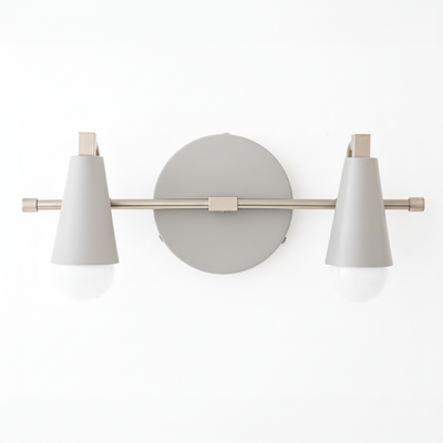 Modern vanity light with matte gray conical shades and brushed nickel horizontal bar mount. - VANITY LIGHT MODEL NO. 1229