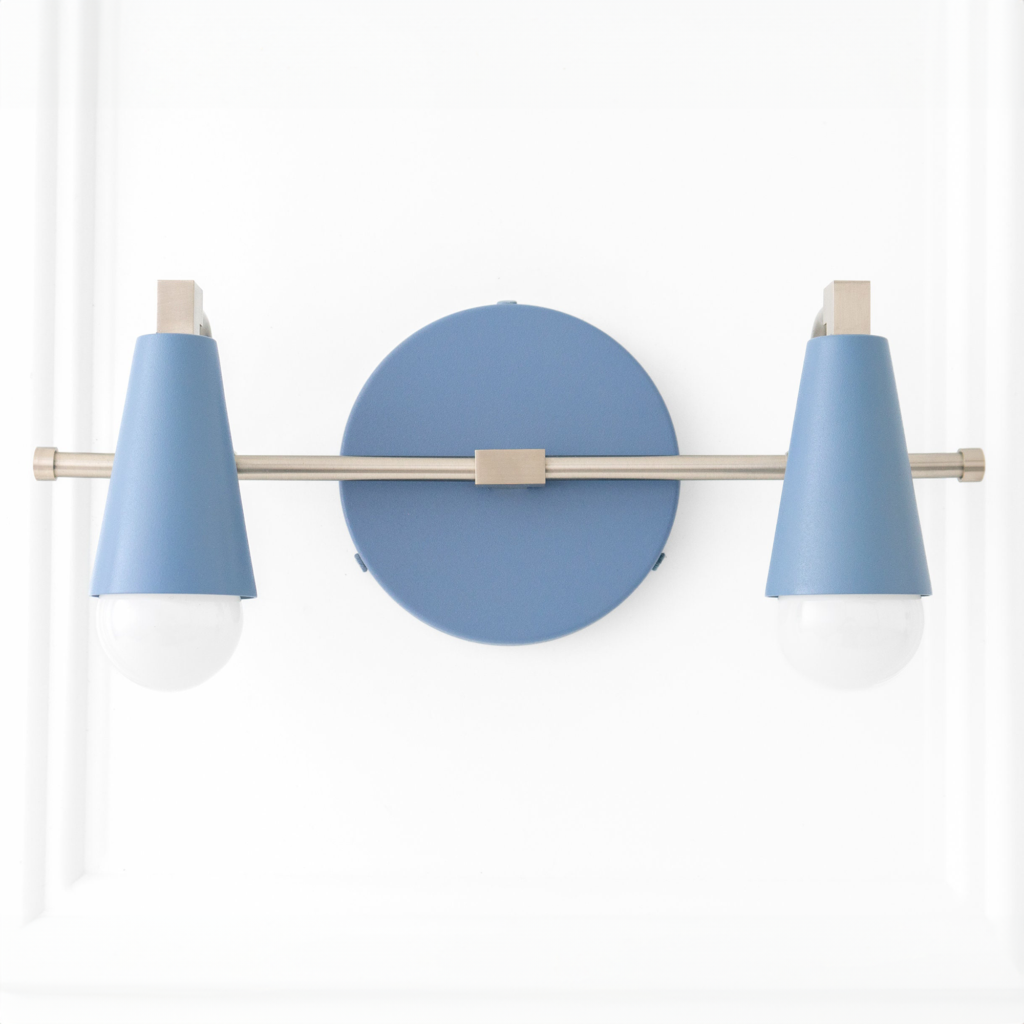 Wall-mounted vanity light with matte blue conical shades and brushed nickel horizontal bar. - VANITY LIGHT MODEL NO. 1229