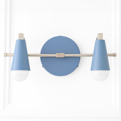 Wall-mounted vanity light with matte blue conical shades and brushed nickel horizontal bar. - VANITY LIGHT MODEL NO. 1229