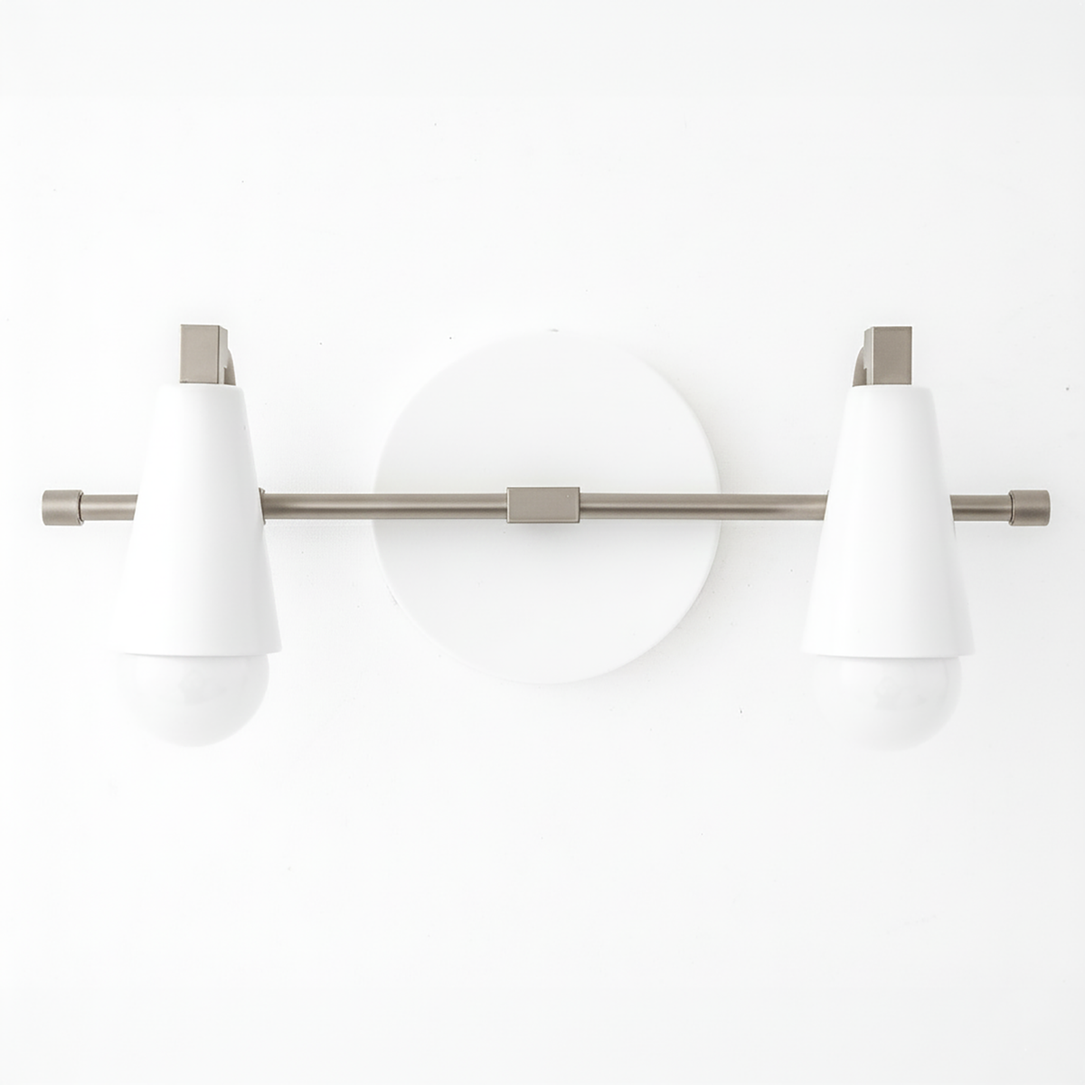 Two-bulb vanity light with matte white conical shades and brushed nickel horizontal bar and round wall mount. - VANITY LIGHT MODEL NO. 1229