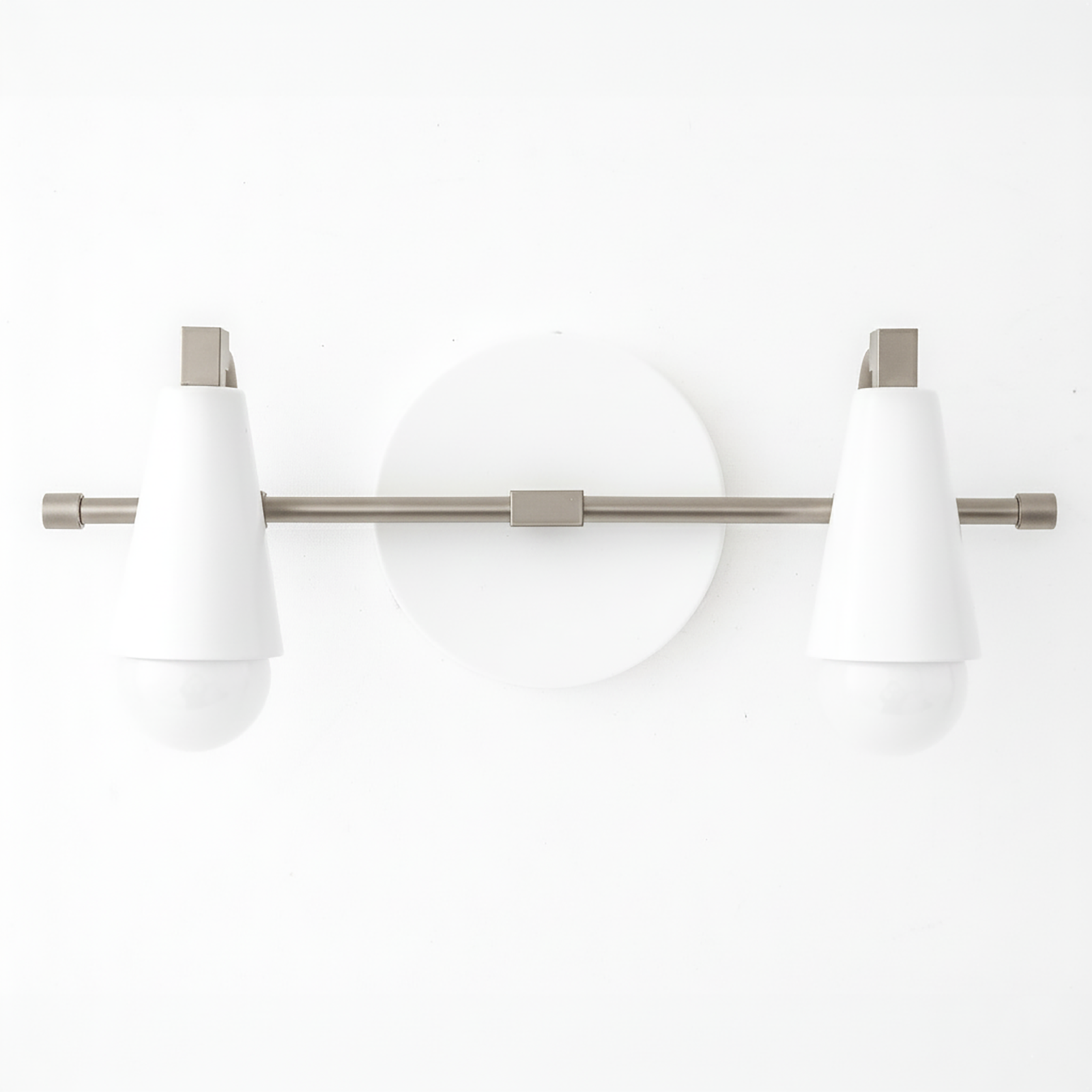 Two-bulb vanity light with matte white conical shades and brushed nickel horizontal bar and round wall mount. - VANITY LIGHT MODEL NO. 1229