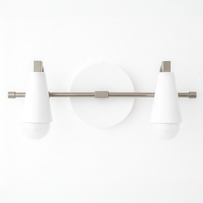 Two-bulb vanity light with matte white conical shades and brushed nickel horizontal bar and round wall mount. - VANITY LIGHT MODEL NO. 1229
