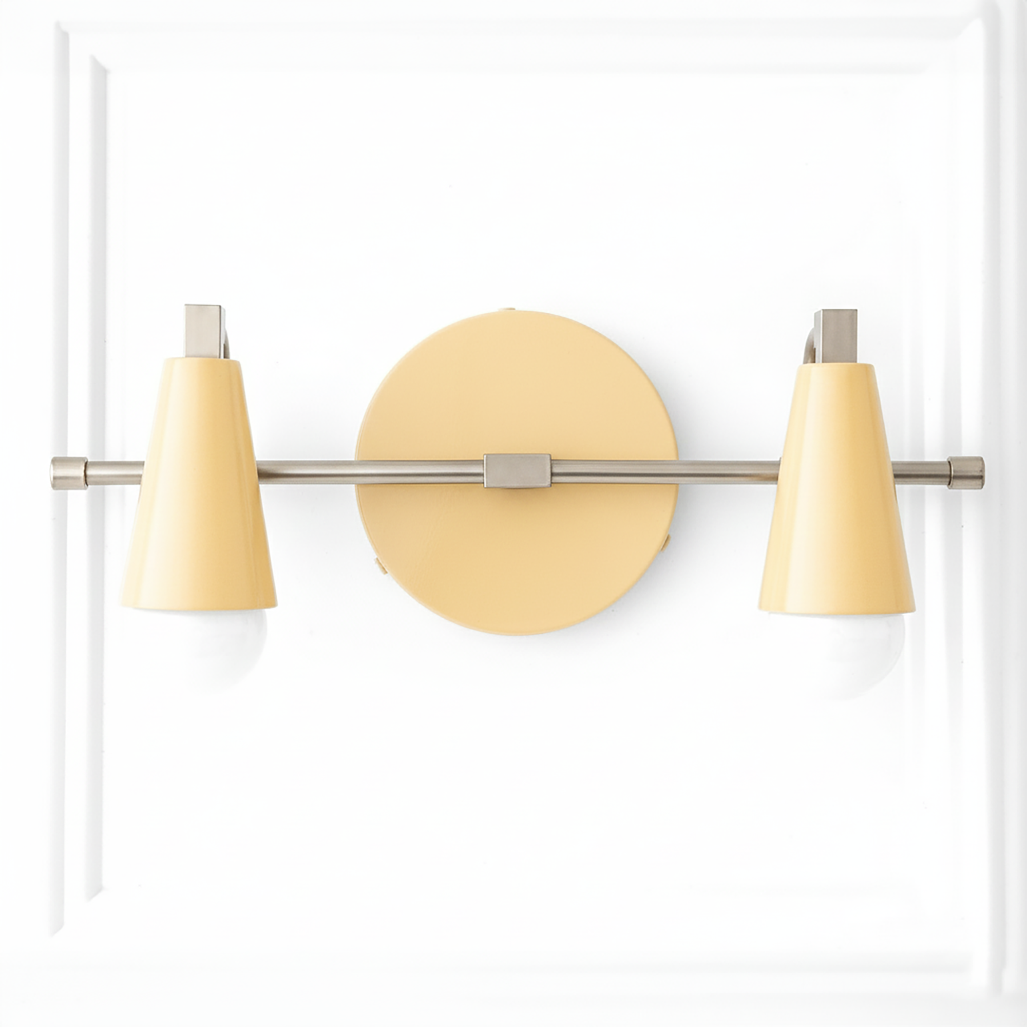Industrial-style vanity light with two cream cone-shaped shades and brushed metal rod detailing. - VANITY LIGHT MODEL NO. 1229