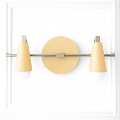 Industrial-style vanity light with two cream cone-shaped shades and brushed metal rod detailing. - VANITY LIGHT MODEL NO. 1229