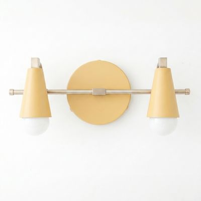 Scandinavian-style two-bulb vanity light with matte yellow cone shades and brushed metal rod and backplate. - VANITY LIGHT MODEL NO. 1229
