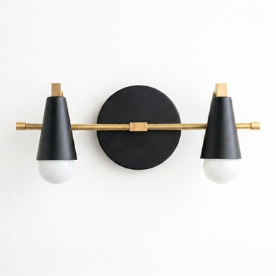 Scandinavian-style two-bulb vanity light with matte black conical shades and brass accents on a round black base. - VANITY LIGHT MODEL NO. 1229