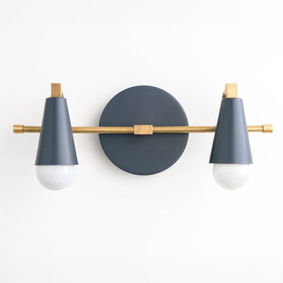 Industrial-style vanity light with matte black cone shades and brass accents, two exposed bulbs. - VANITY LIGHT MODEL NO. 1229