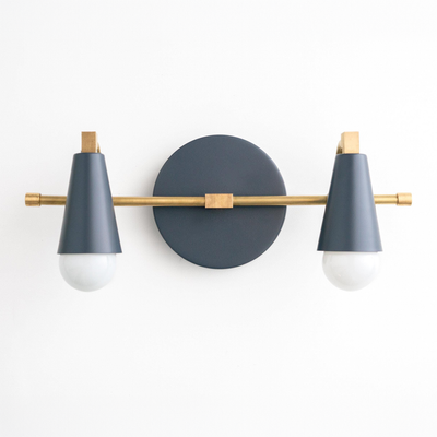 Two-bulb Scandinavian-style vanity light with matte black conical shades and brass accents. - VANITY LIGHT MODEL NO. 1229