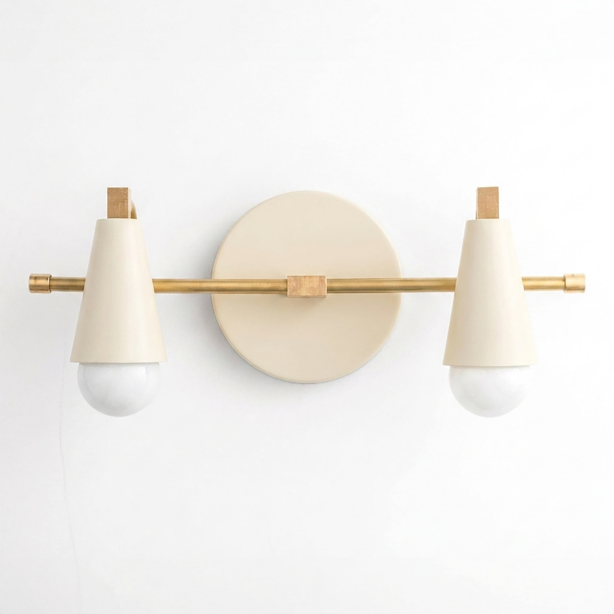 Scandinavian-style 2-bulb vanity light with matte white conical shades and brushed gold metal fixture. - VANITY LIGHT MODEL NO. 1229