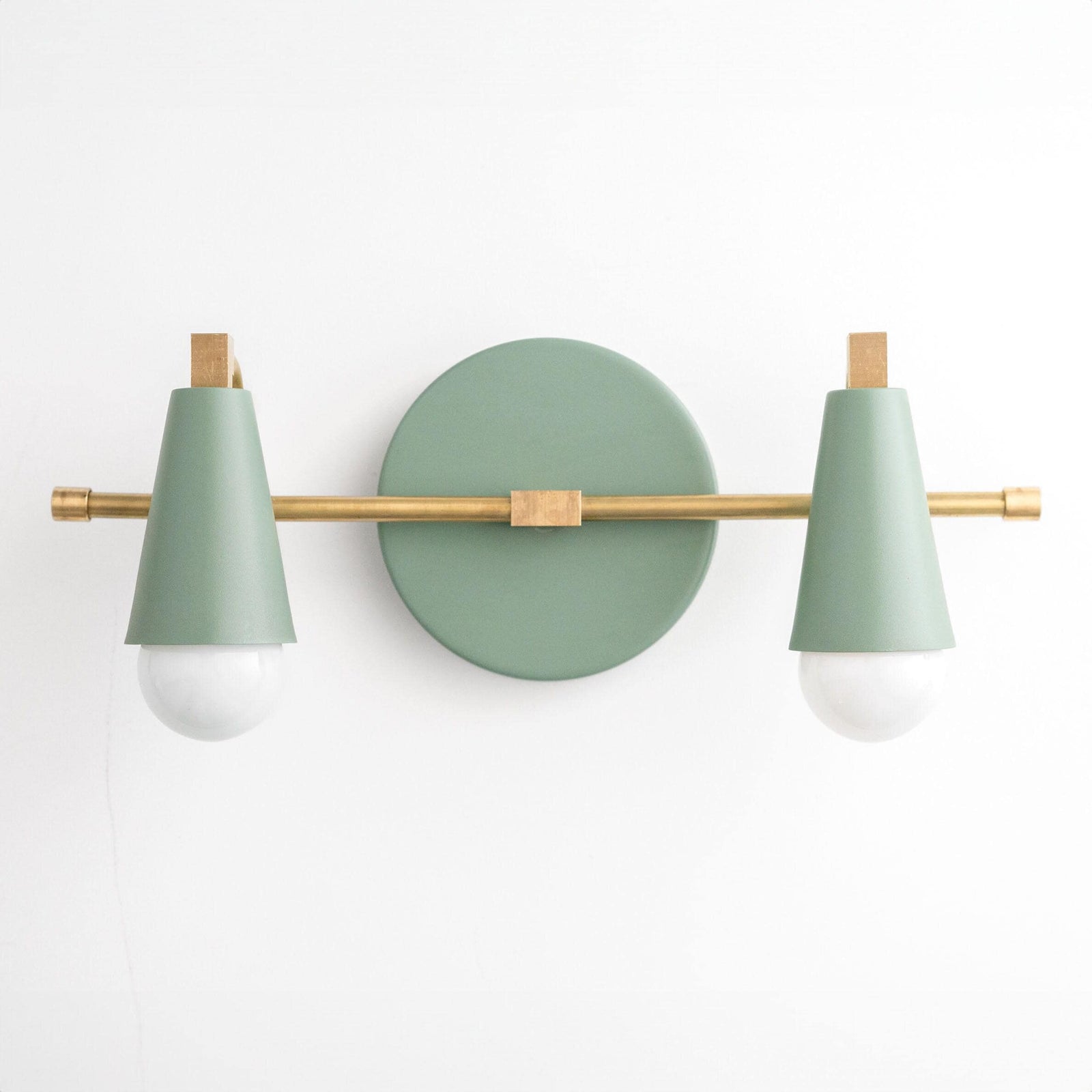 Scandinavian style 2-bulb vanity light with matte green conical shades and brass rod mount. - VANITY LIGHT MODEL NO. 1229