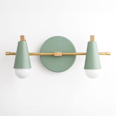 Scandinavian style 2-bulb vanity light with matte green conical shades and brass rod mount. - VANITY LIGHT MODEL NO. 1229