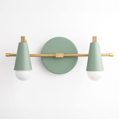 Industrial-style vanity light with matte green conical shades and brass horizontal rod mount. - VANITY LIGHT MODEL NO. 1229