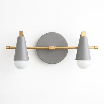 Scandinavian-style vanity light with two bare bulbs, matte gray cone shades, and brass accents. - VANITY LIGHT MODEL NO. 1229