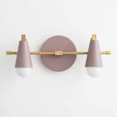 Scandinavian-style 2-bulb vanity light with matte mauve metal shades and brushed brass horizontal bar and wall mount. - VANITY LIGHT MODEL NO. 1229