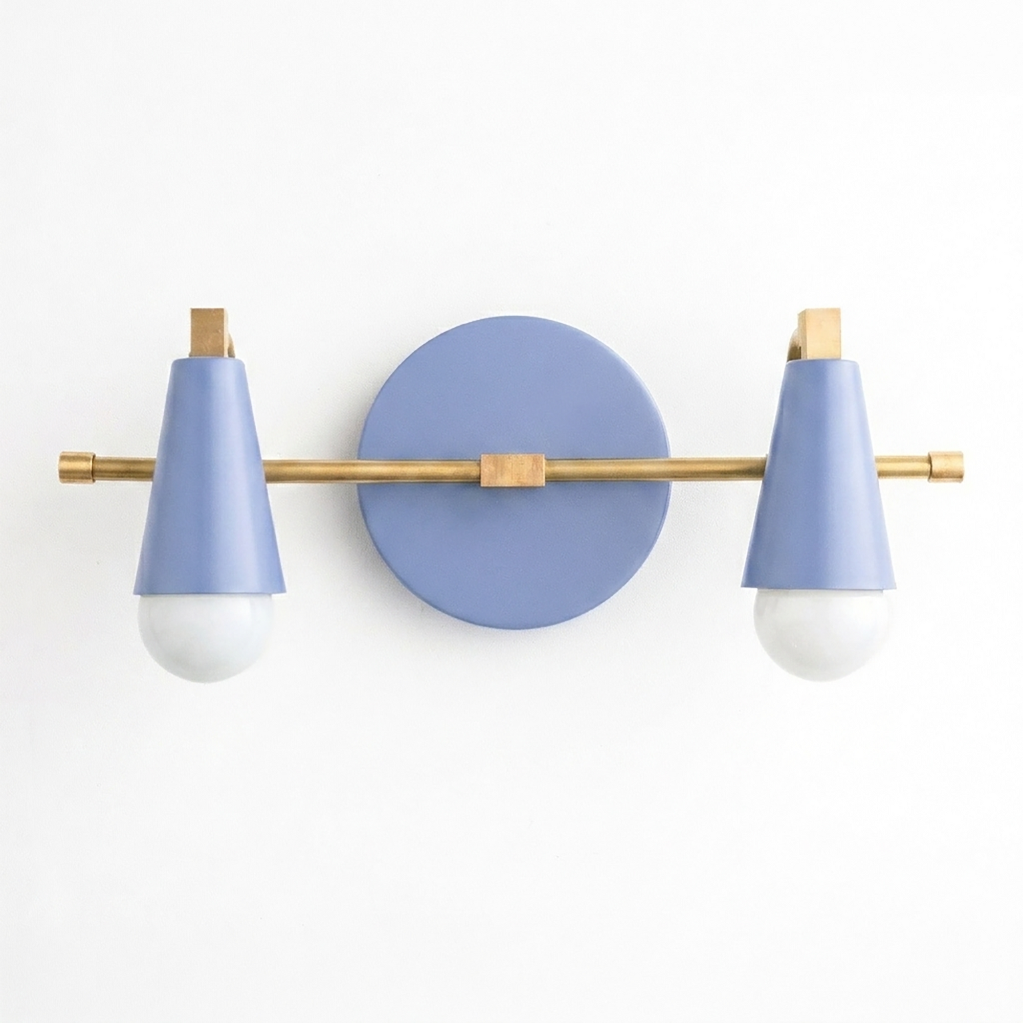Scandinavian-style vanity light with two blue cone-shaped shades and brass accents. - VANITY LIGHT MODEL NO. 1229