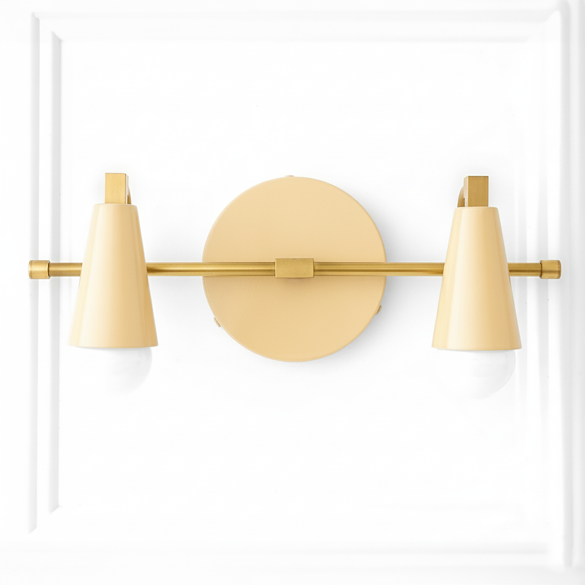 Matte gold two-bulb vanity light with conical shades and round wall mount. - VANITY LIGHT MODEL NO. 1229