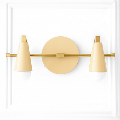 Matte gold two-bulb vanity light with conical shades and round wall mount. - VANITY LIGHT MODEL NO. 1229