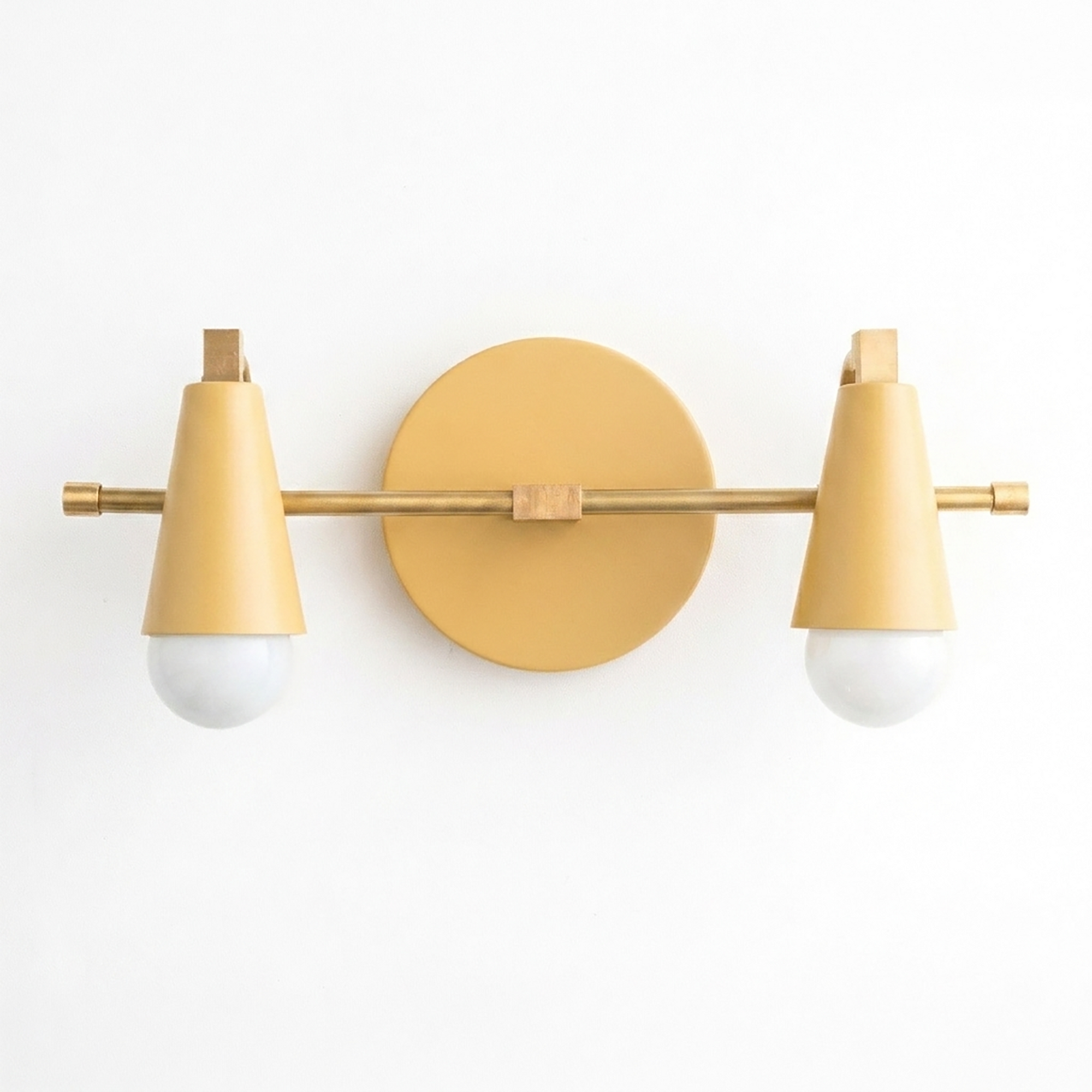Matte mustard yellow 2-bulb vanity light with conical shades and round wall mount. - VANITY LIGHT MODEL NO. 1229