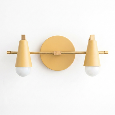Matte mustard yellow 2-bulb vanity light with conical shades and round wall mount. - VANITY LIGHT MODEL NO. 1229