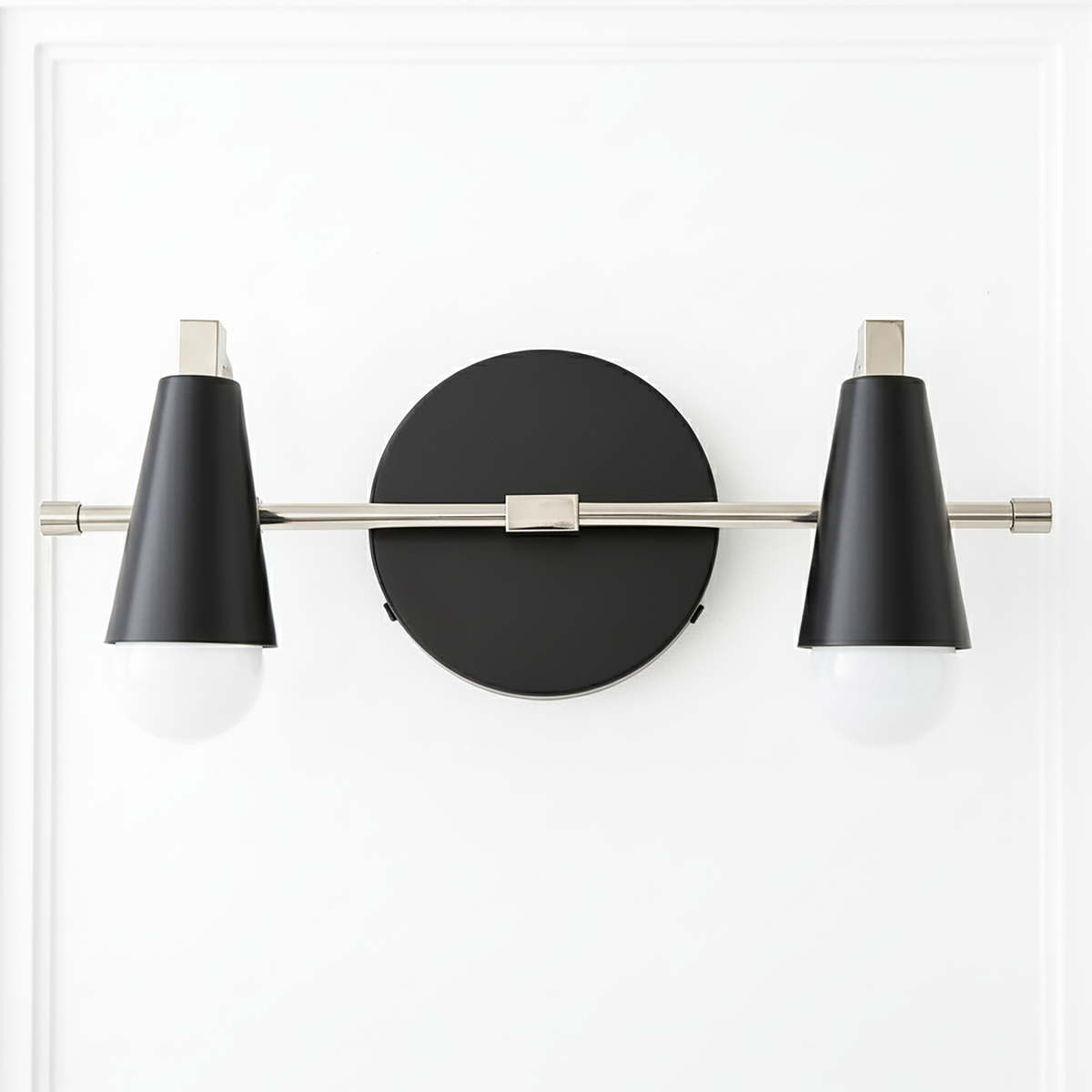 Industrial-style black metal vanity light with two conical shades and a nickel-finished horizontal bar. - VANITY LIGHT MODEL NO. 1229