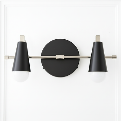 Industrial-style black metal vanity light with two conical shades and a nickel-finished horizontal bar. - VANITY LIGHT MODEL NO. 1229