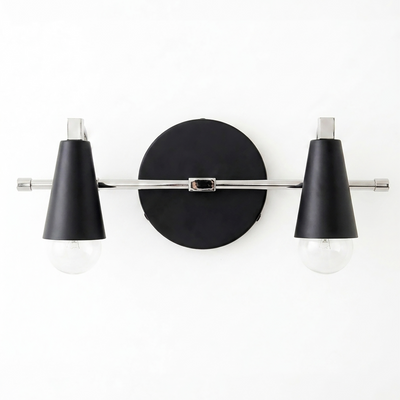 Two-bulb vanity light with black conical shades and chrome horizontal rod mounted on round black base. - VANITY LIGHT MODEL NO. 1229