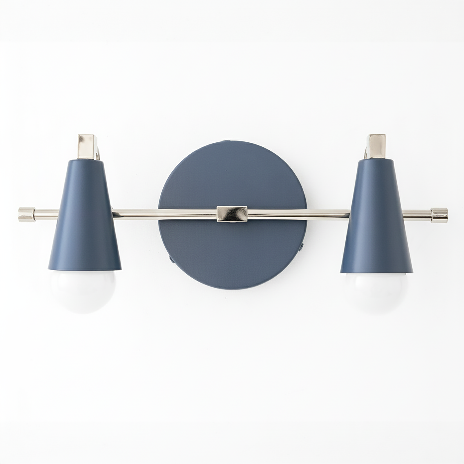 Industrial-style vanity light with two blue conical metal shades and a round black wall mount. - VANITY LIGHT MODEL NO. 1229