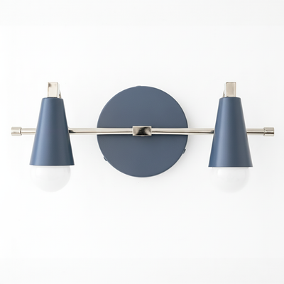 Industrial-style vanity light with two blue conical metal shades and a round black wall mount. - VANITY LIGHT MODEL NO. 1229