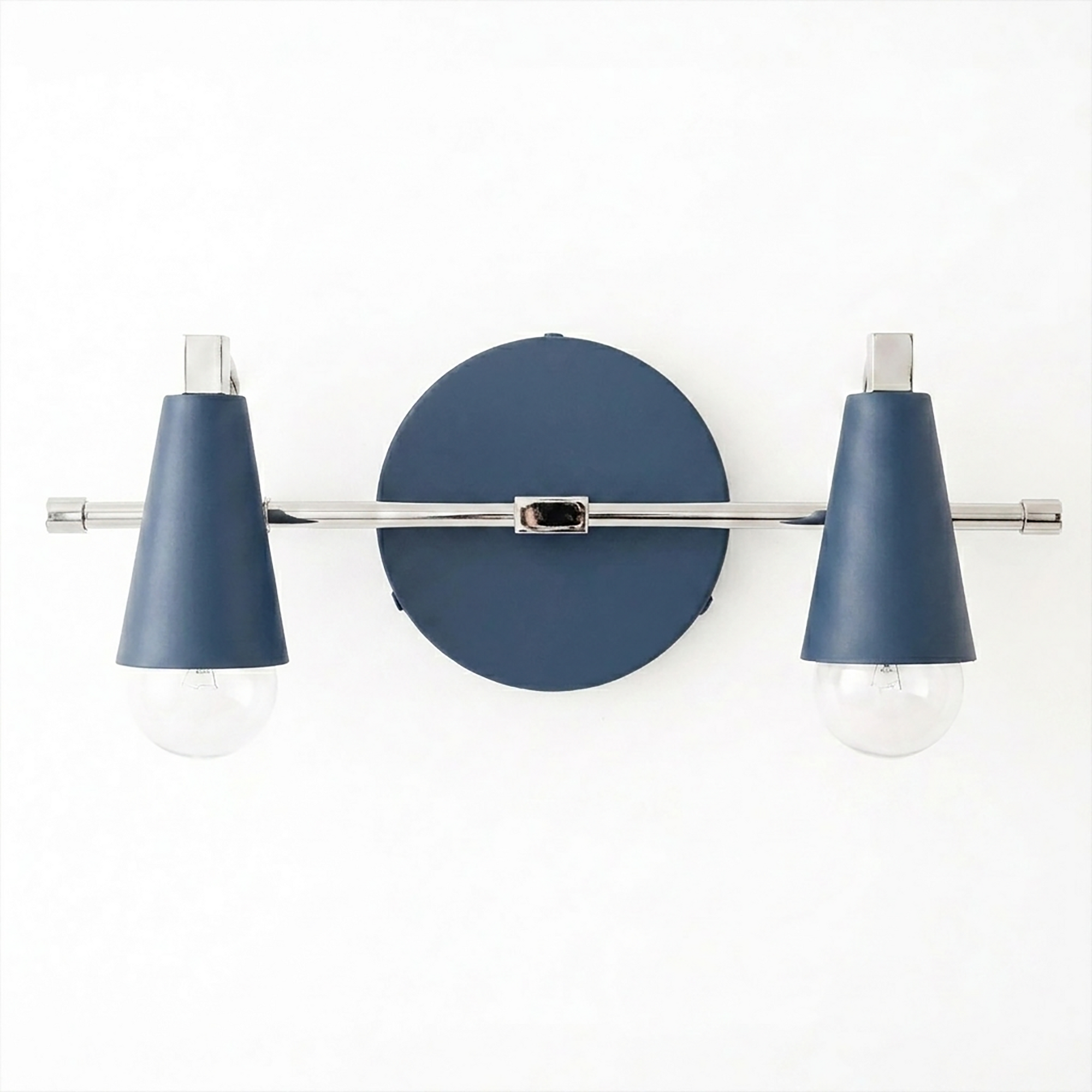 Scandinavian-style vanity light with two exposed bulbs, blue conical shades, and chrome accents. - VANITY LIGHT MODEL NO. 1229