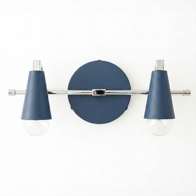 Scandinavian-style vanity light with two exposed bulbs, blue conical shades, and chrome accents. - VANITY LIGHT MODEL NO. 1229