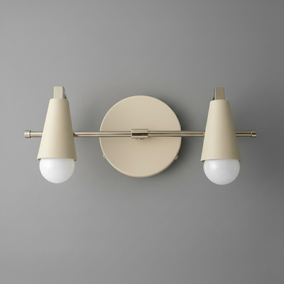 Matte beige industrial vanity light with two conical shades and exposed round bulbs on a circular backplate. - VANITY LIGHT MODEL NO. 1229