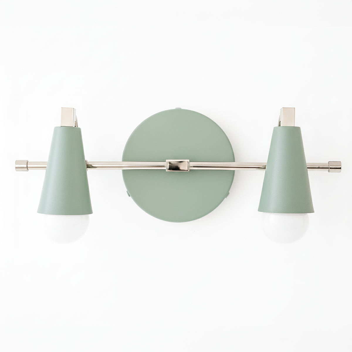 Industrial-style vanity light with matte sage green cone shades and brushed nickel rod and circular wall mount, featuring. - VANITY LIGHT MODEL NO. 1229