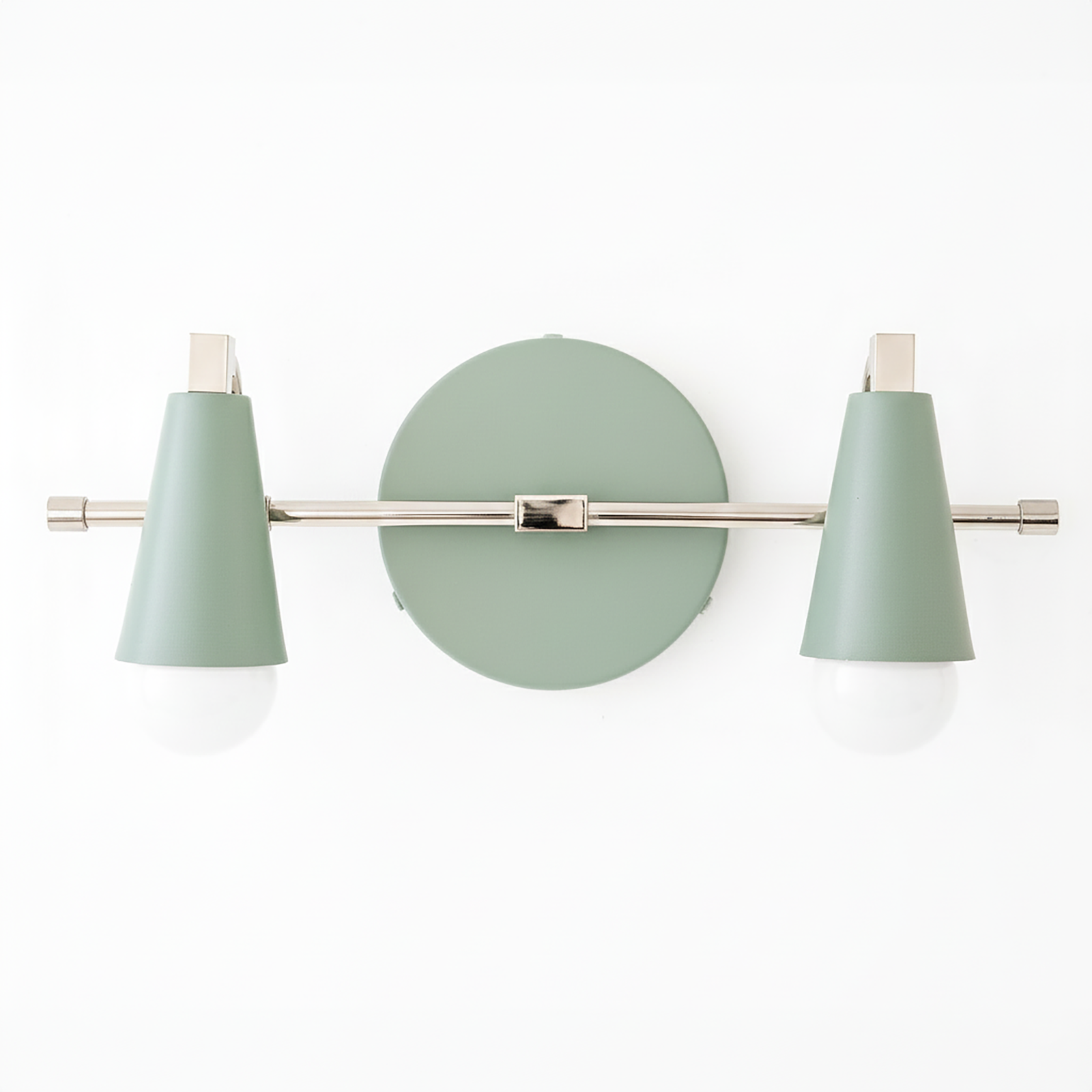 Industrial-style vanity light with matte sage green cone shades and brushed nickel rod and circular wall mount, featuring. - VANITY LIGHT MODEL NO. 1229