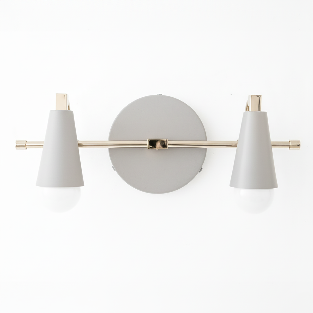 Industrial-style vanity light with matte gray conical shades and brass horizontal bar mount. - VANITY LIGHT MODEL NO. 1229