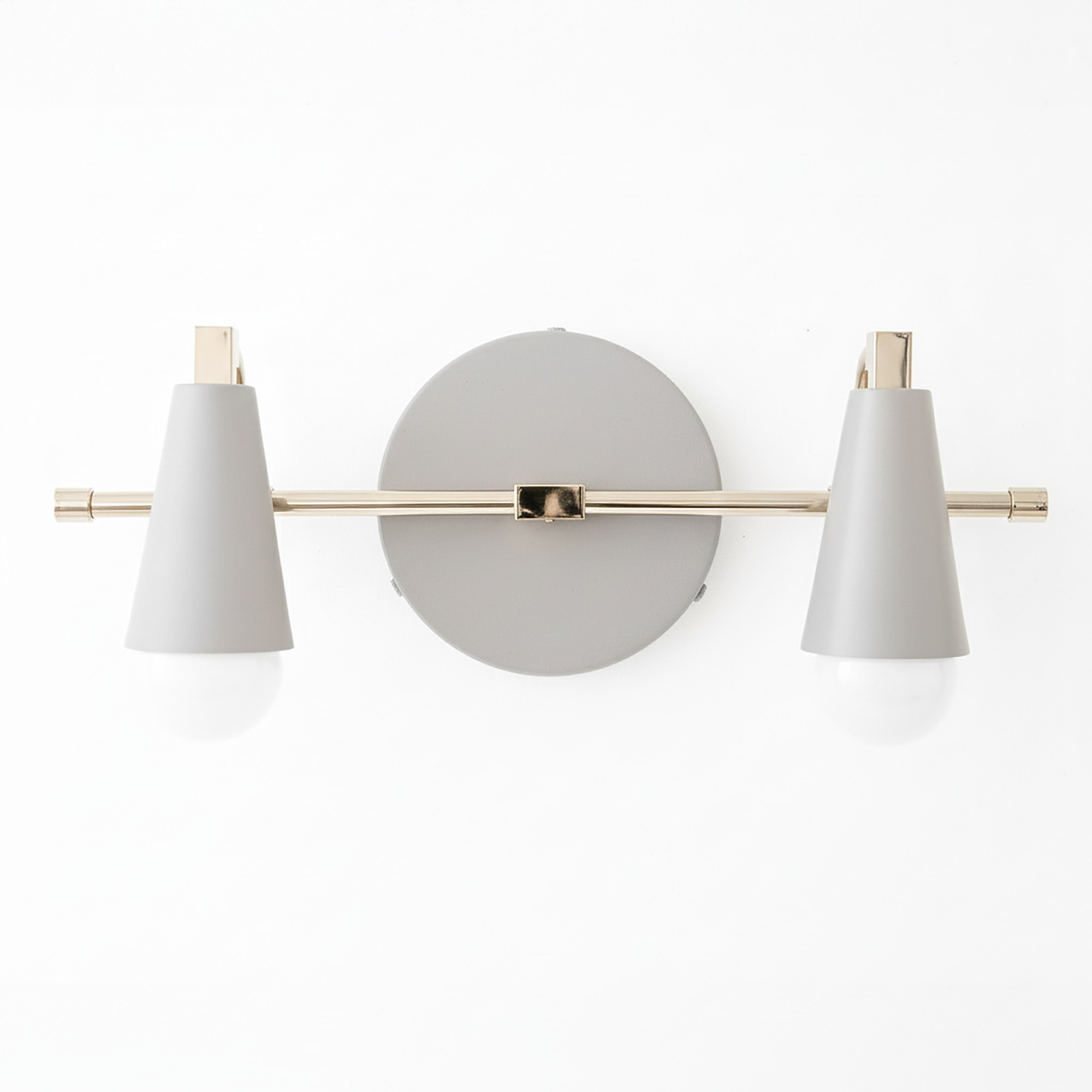 Industrial-style vanity light with matte gray conical shades and brass horizontal bar mount. - VANITY LIGHT MODEL NO. 1229