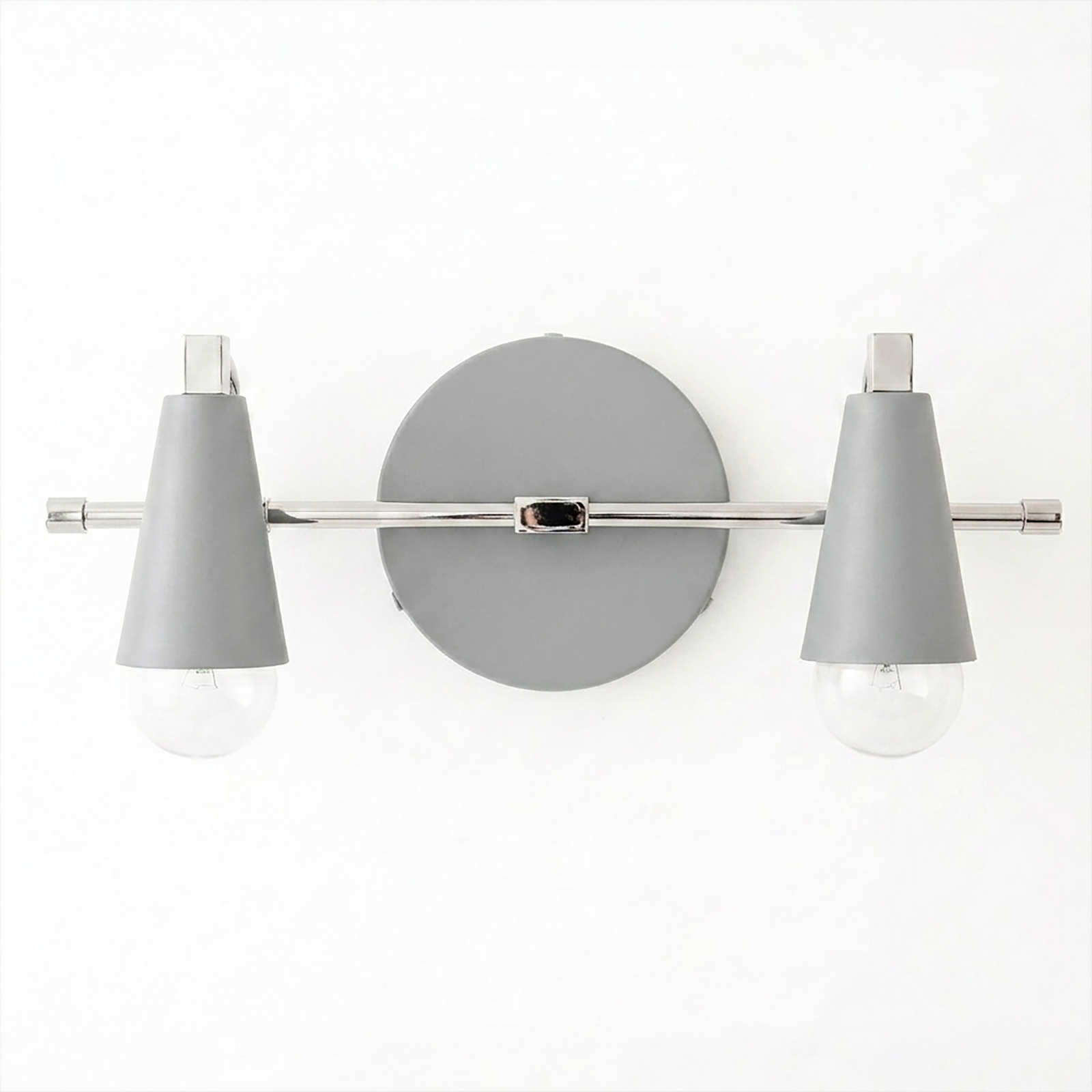 Scandinavian-style 2-bulb vanity light with matte gray conical shades and chrome accents. - VANITY LIGHT MODEL NO. 1229